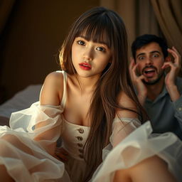 A beautiful girl with long brown hair and bangs, wearing a transparent dress, sitting with an innocent expression