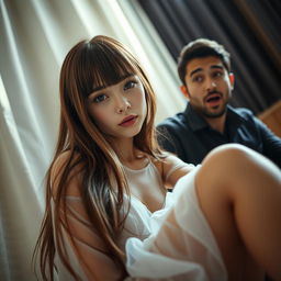 A beautiful girl with long brown hair and bangs, wearing a transparent dress, sitting with an innocent expression