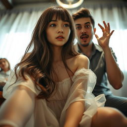 A beautiful girl with long brown hair and bangs, wearing a transparent dress, sitting with an innocent expression