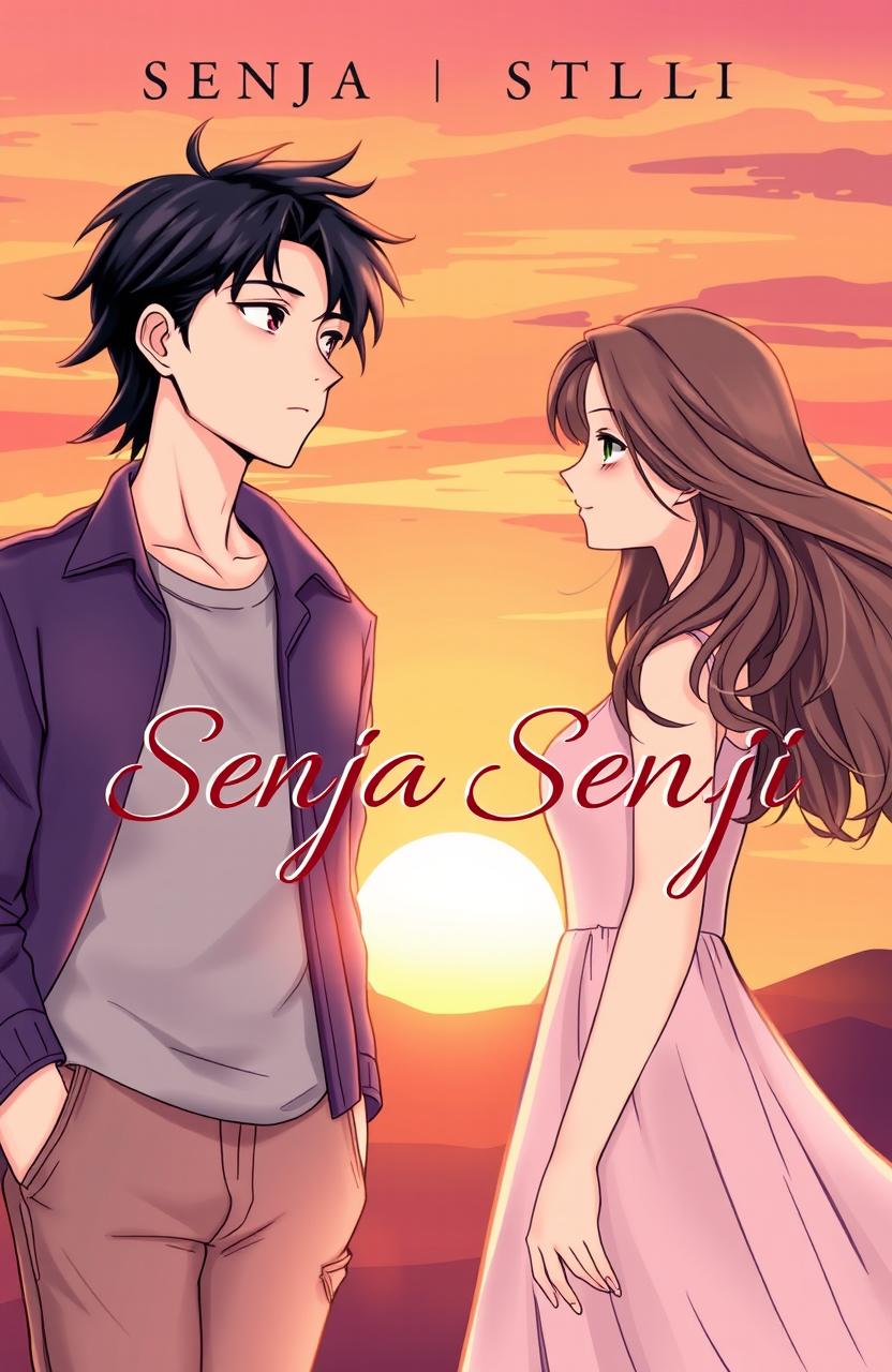 A romantic book cover design for 'Senja Senji', featuring two main characters: a male named Senja and a female named Senji