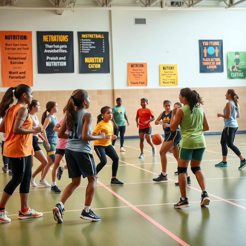 An engaging scene illustrating physical fitness and wellness in physical education and sports, set in a modern gymnasium