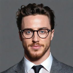 An artistic illustration of Aaron Taylor-Johnson wearing glasses. The illustration should capture his characteristic features and charm, rendered in a unique and captivating drawing style.