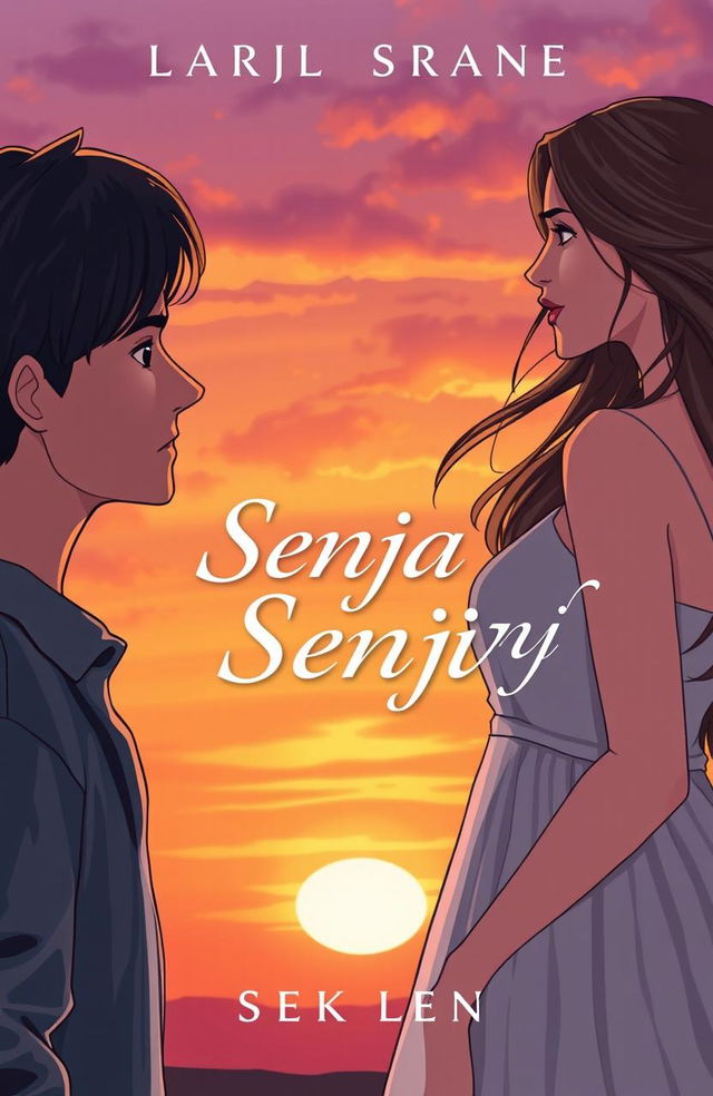 A romantic book cover design for 'Senja Senji', featuring two main characters: a male named Senja and a female named Senji