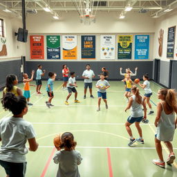 An engaging scene illustrating physical fitness and wellness in physical education and sports, set in a modern gymnasium