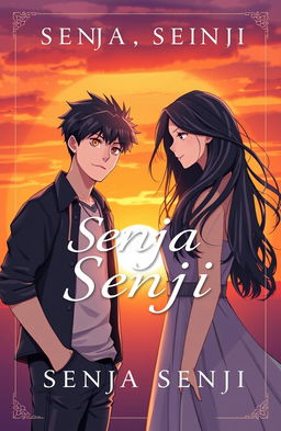 A romantic book cover design for 'Senja Senji', featuring two main characters: a male named Senja and a female named Senji