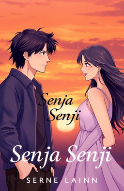 A romantic book cover design for 'Senja Senji', featuring two main characters: a male named Senja and a female named Senji