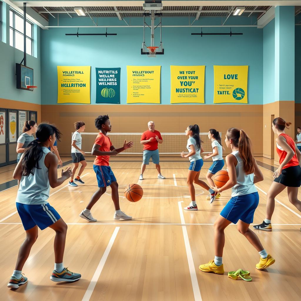 An engaging scene illustrating physical fitness and wellness in physical education and sports, set in a modern gymnasium