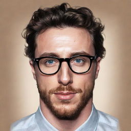 An artistic illustration of Aaron Taylor-Johnson wearing glasses. The illustration should capture his characteristic features and charm, rendered in a unique and captivating drawing style.