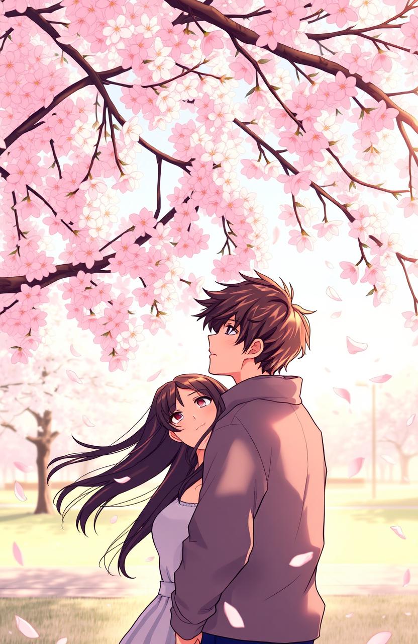 A poignant scene depicting unrequited love between two individuals under a blooming cherry blossom tree