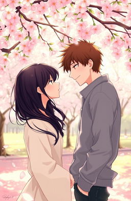 A poignant scene depicting unrequited love between two individuals under a blooming cherry blossom tree