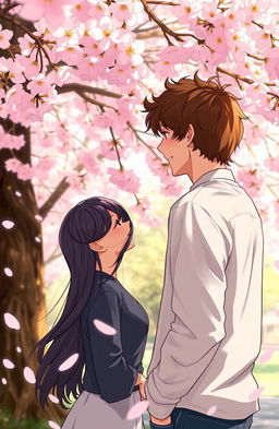 A poignant scene depicting unrequited love between two individuals under a blooming cherry blossom tree