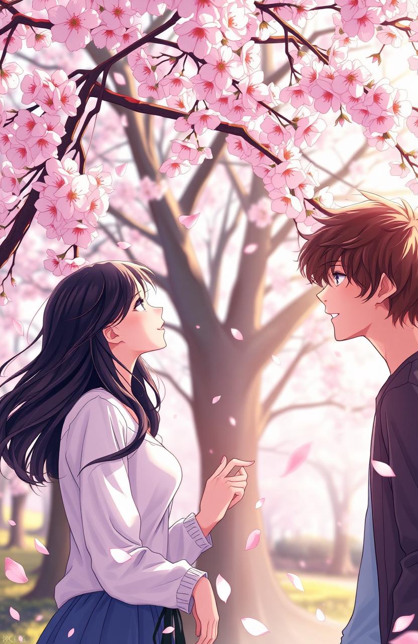 A poignant scene depicting unrequited love between two individuals under a blooming cherry blossom tree