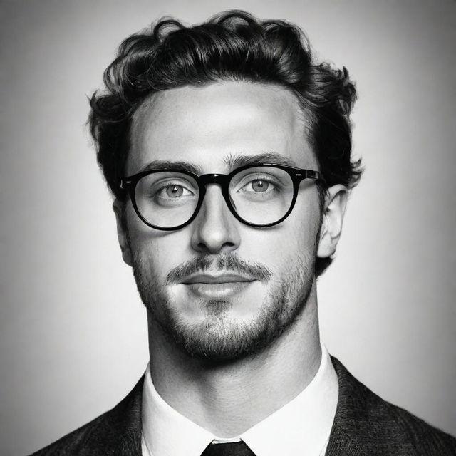 An artistic illustration of Aaron Taylor-Johnson wearing glasses. The illustration should capture his characteristic features and charm, rendered in a unique and captivating drawing style.