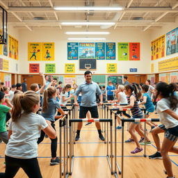 A dynamic and engaging scene showcasing physical fitness in a physical education class at a school