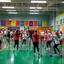 A dynamic and engaging scene showcasing physical fitness in a physical education class at a school