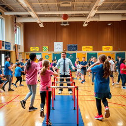 A dynamic and engaging scene showcasing physical fitness in a physical education class at a school