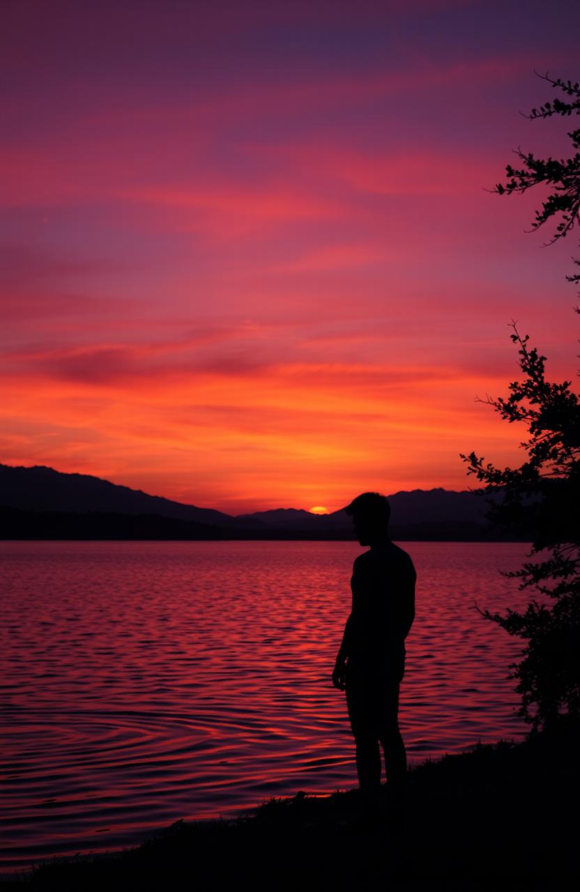 A melancholic evening scene depicting a beautiful sunset that casts deep orange and purple hues across the sky