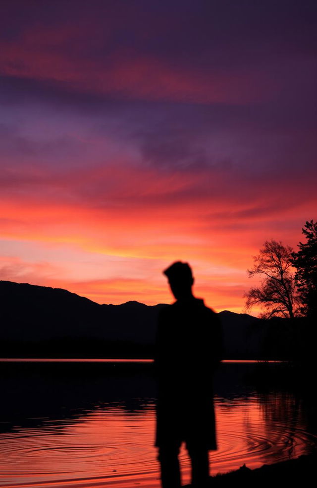 A melancholic evening scene depicting a beautiful sunset that casts deep orange and purple hues across the sky