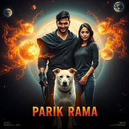 An enthralling cinematic film poster titled 'Parikrama', featuring a powerful 27-year-old Indian man with multiversal dark magical powers, positioned in the awe-inspiring setting of our solar system