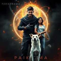 An enthralling cinematic film poster titled 'Parikrama', featuring a powerful 27-year-old Indian man with multiversal dark magical powers, positioned in the awe-inspiring setting of our solar system