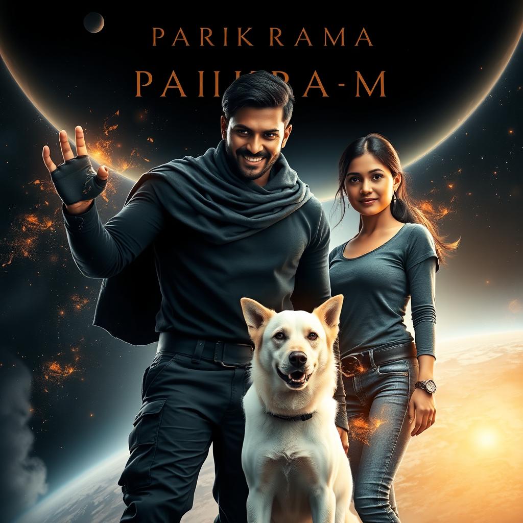 An enthralling cinematic film poster titled 'Parikrama', featuring a powerful 27-year-old Indian man with multiversal dark magical powers, positioned in the awe-inspiring setting of our solar system