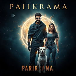 An enthralling cinematic film poster titled 'Parikrama', featuring a powerful 27-year-old Indian man with multiversal dark magical powers, positioned in the awe-inspiring setting of our solar system