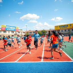 A lively and dynamic scene showcasing physical fitness in physical education and sports, taking place on a vibrant school sports field