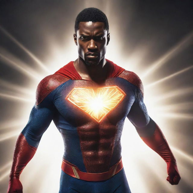 A dynamic image of a superhero human with radiant light beams emanating from their eyes, encapsulating great strength and power.