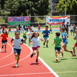 A lively and dynamic scene showcasing physical fitness in physical education and sports, taking place on a vibrant school sports field