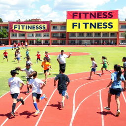 A lively and dynamic scene showcasing physical fitness in physical education and sports, taking place on a vibrant school sports field