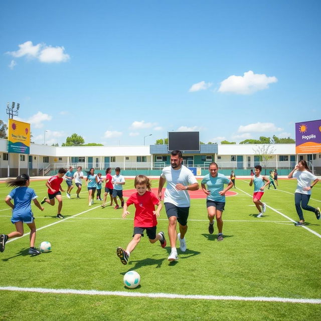 A lively and dynamic scene showcasing physical fitness in physical education and sports, taking place on a vibrant school sports field