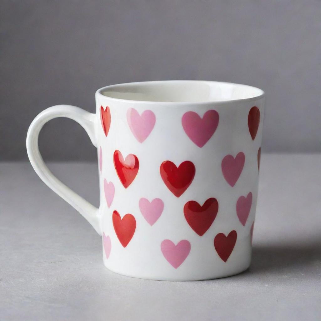 A ceramic mug in a high-gloss white finish elegantly adorned with a pattern of bright red and pink hearts.