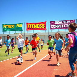 A vibrant and energetic scene depicting physical fitness in physical education and sports within a school environment