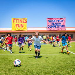 A vibrant and energetic scene depicting physical fitness in physical education and sports within a school environment