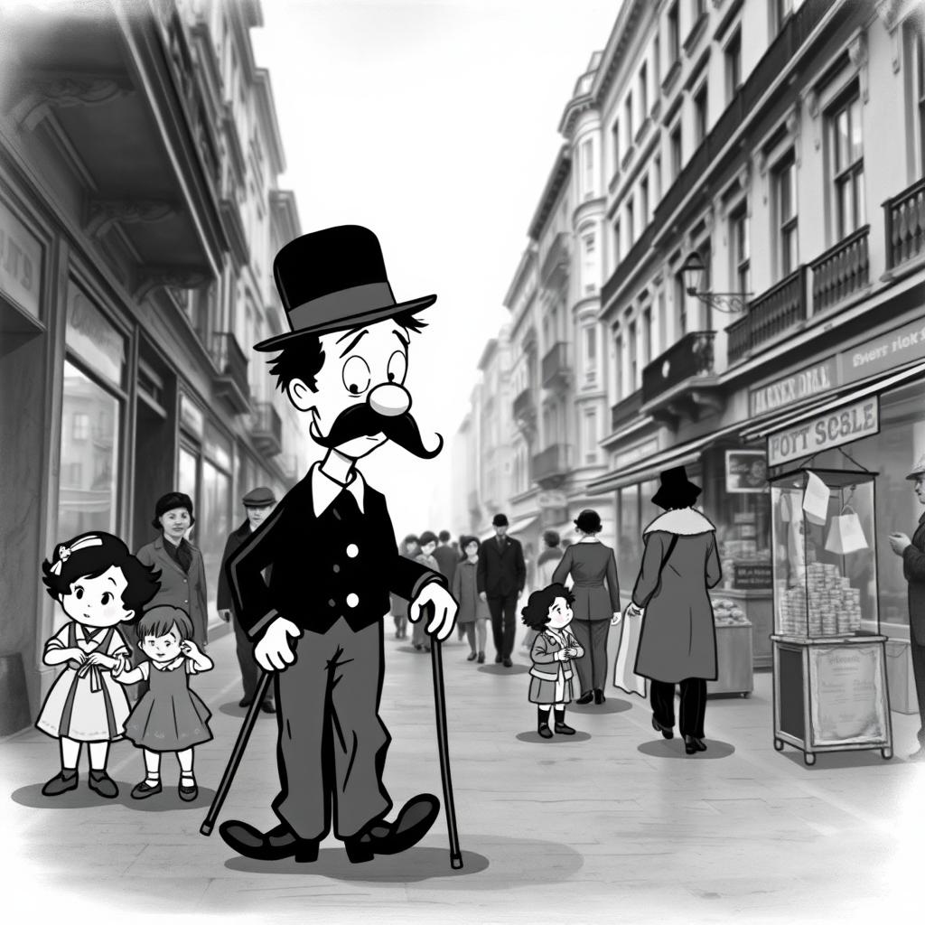 A whimsical scene inspired by a classic Charlie Chaplin movie, featuring a charming mustachioed figure in a bowler hat, graceful yet clumsy movements as he navigates through a bustling city street