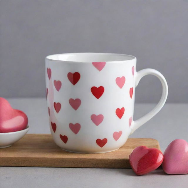 A ceramic mug in a high-gloss white finish elegantly adorned with a pattern of bright red and pink hearts.