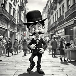 A whimsical scene inspired by a classic Charlie Chaplin movie, featuring a charming mustachioed figure in a bowler hat, graceful yet clumsy movements as he navigates through a bustling city street