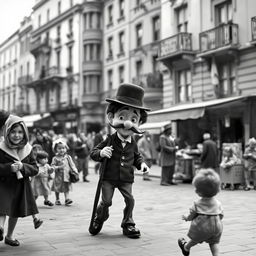 A whimsical scene inspired by a classic Charlie Chaplin movie, featuring a charming mustachioed figure in a bowler hat, graceful yet clumsy movements as he navigates through a bustling city street