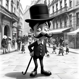 A whimsical scene inspired by a classic Charlie Chaplin movie, featuring a charming mustachioed figure in a bowler hat, graceful yet clumsy movements as he navigates through a bustling city street