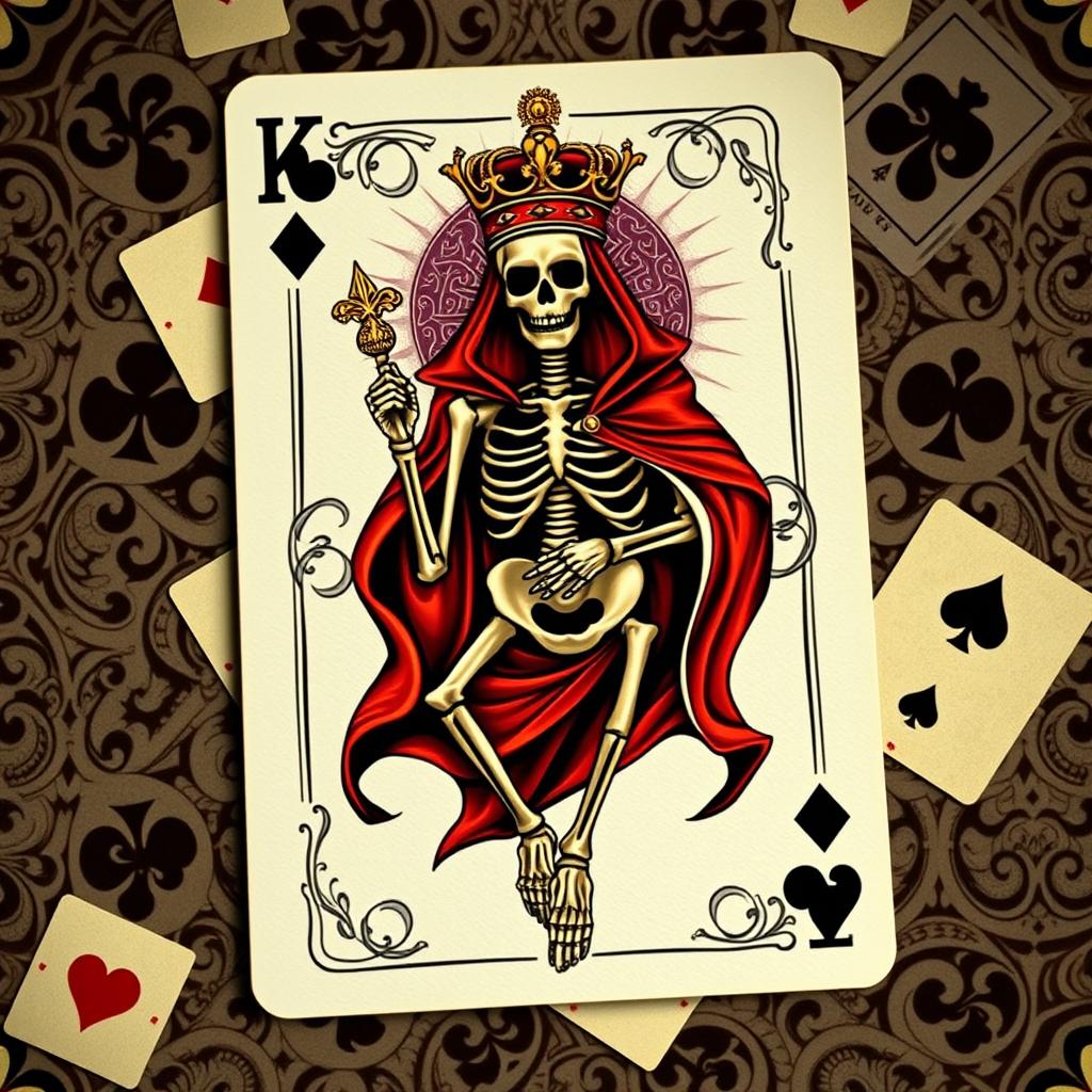 A unique and artistic rendition of a King card from a standard deck of poker cards, featuring a detailed skeleton design in the center