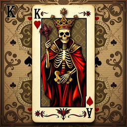 A unique and artistic rendition of a King card from a standard deck of poker cards, featuring a detailed skeleton design in the center