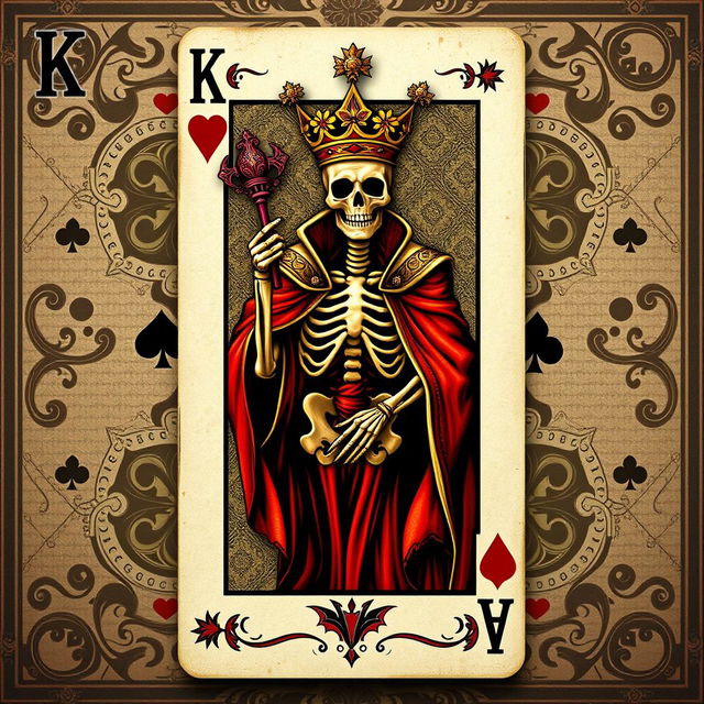 A unique and artistic rendition of a King card from a standard deck of poker cards, featuring a detailed skeleton design in the center