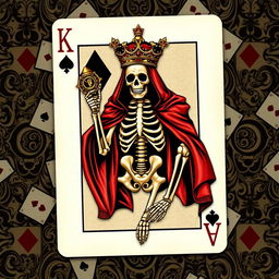 A unique and artistic rendition of a King card from a standard deck of poker cards, featuring a detailed skeleton design in the center