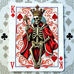 A unique and artistic rendition of a King card from a standard deck of poker cards, featuring a detailed skeleton design in the center