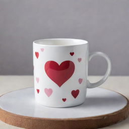 A ceramic mug in a high-gloss white finish elegantly adorned with a pattern of bright red and pink hearts.