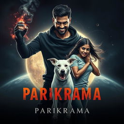 A gripping cinematic film poster titled 'Parikrama', featuring a powerful 27-year-old Indian man wielding dark multiversal magical powers, dramatically positioned in our solar system