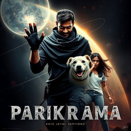 A gripping cinematic film poster titled 'Parikrama', featuring a powerful 27-year-old Indian man wielding dark multiversal magical powers, dramatically positioned in our solar system