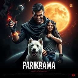 A gripping cinematic film poster titled 'Parikrama', featuring a powerful 27-year-old Indian man wielding dark multiversal magical powers, dramatically positioned in our solar system