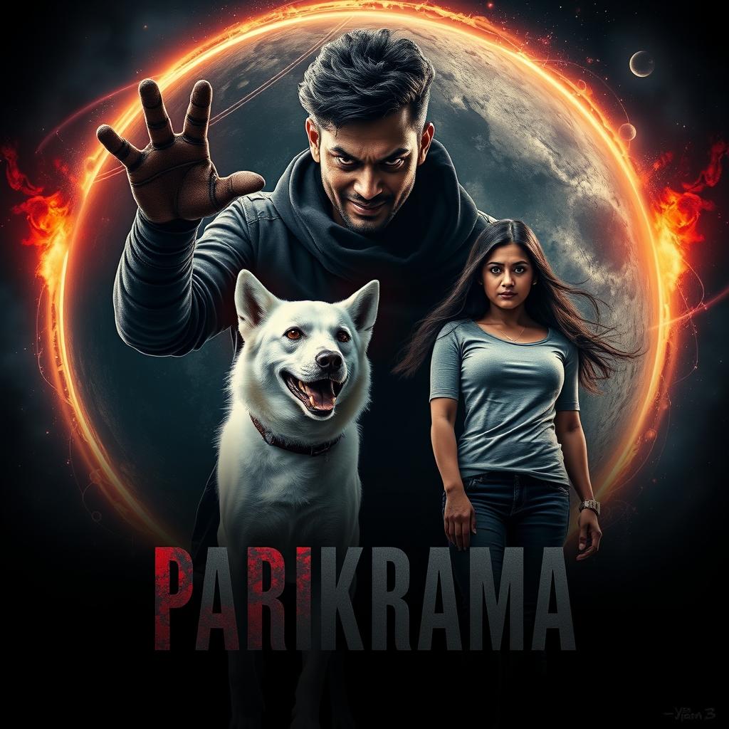 A gripping cinematic film poster titled 'Parikrama', featuring a powerful 27-year-old Indian man wielding dark multiversal magical powers, dramatically positioned in our solar system