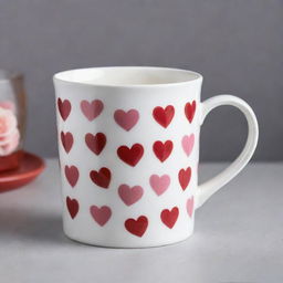 A ceramic mug in a high-gloss white finish elegantly adorned with a pattern of bright red and pink hearts.